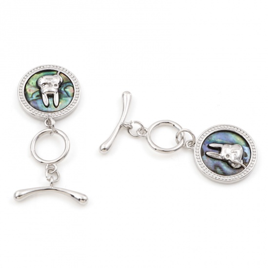 Picture of Shell & Brass Toggle Clasps Rabbit Animal Real Platinum Plated Multicolor 19.5x7mm 13x10.5mm, 10 Sets                                                                                                                                                         