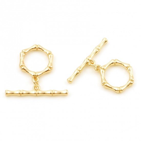 Picture of Brass Toggle Clasps Bamboo-shaped 18K Real Gold Plated 28x5mm 19x15mm, 50 Sets