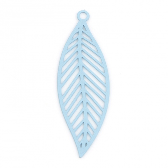Picture of Iron Based Alloy Filigree Stamping Pendants Light Blue Leaf Painted 3.3cm x 1.1cm, 100 PCs