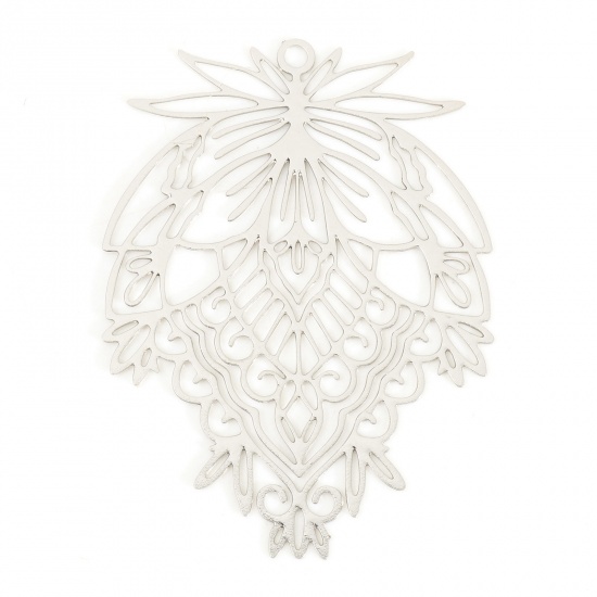 Picture of Iron Based Alloy Filigree Stamping Pendants Silver Tone Leaf 3.8cm x 2.8cm, 100 PCs