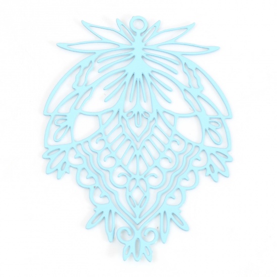 Picture of Iron Based Alloy Filigree Stamping Pendants Light Blue Leaf Painted 3.8cm x 2.8cm, 100 PCs