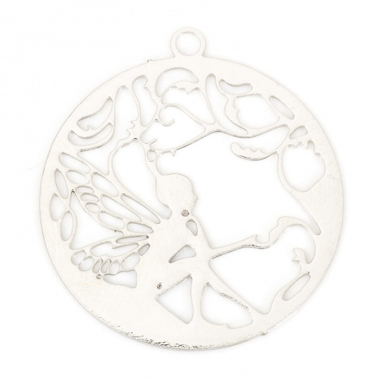 Picture of Iron Based Alloy Fairy Tale Collection Filigree Stamping Charms Silver Tone Round Fairy 22mm x 20mm, 100 PCs