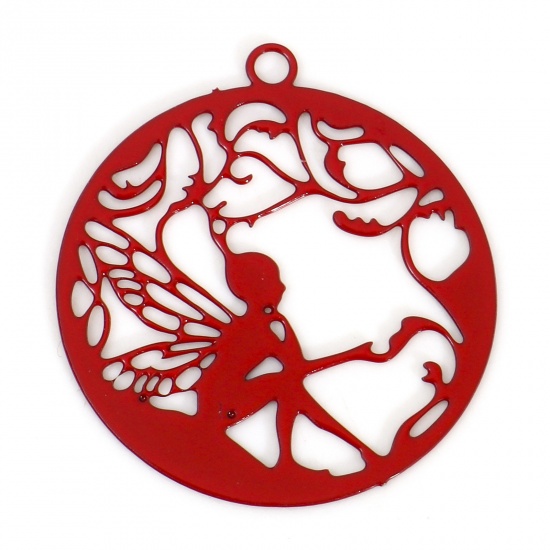 Picture of Iron Based Alloy Fairy Tale Collection Filigree Stamping Charms Red Round Fairy Painted 22mm x 20mm, 100 PCs