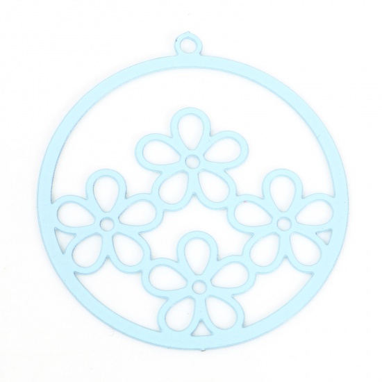 Picture of Iron Based Alloy Filigree Stamping Charms Light Blue Round Flower Painted 27mm x 25mm, 100 PCs