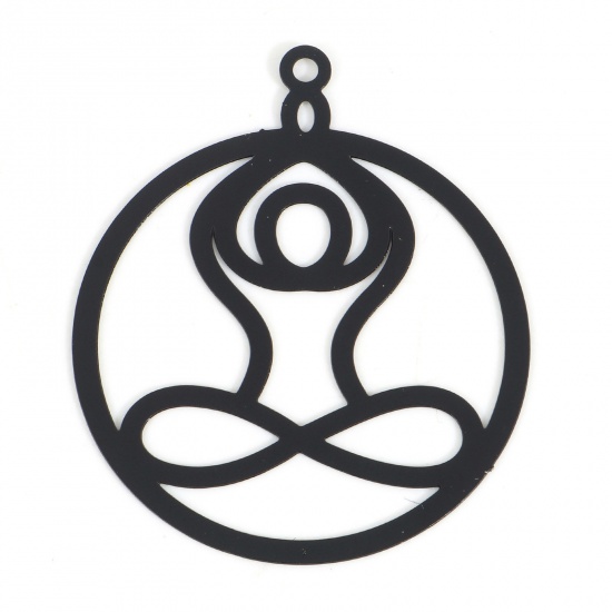 Picture of Iron Based Alloy Filigree Stamping Pendants Black Yoga Round Painted 3.5cm x 3cm, 100 PCs