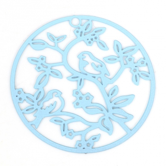 Picture of Iron Based Alloy Filigree Stamping Pendants Light Blue Round Bird Painted 3.1cm Dia., 100 PCs