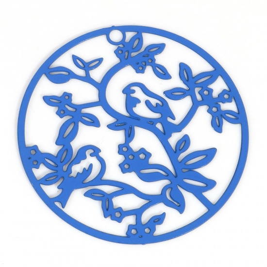 Picture of Iron Based Alloy Filigree Stamping Pendants Royal Blue Round Bird Painted 3.1cm Dia., 100 PCs