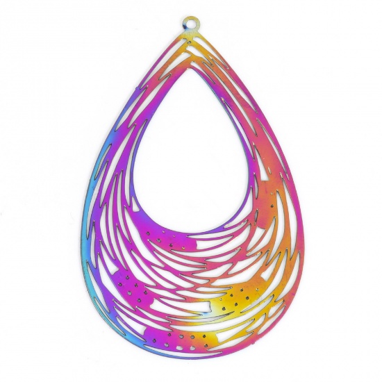 Picture of Iron Based Alloy Filigree Stamping Pendants Rainbow Color Plated Drop 5.4cm x 3.3cm, 100 PCs