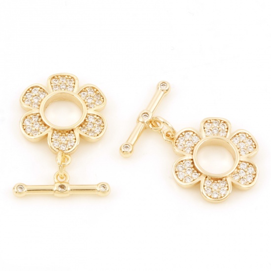 Picture of Brass Toggle Clasps Flower 18K Real Gold Plated Micro Pave Clear Cubic Zirconia 18x15mm 16x5mm, 30 Sets                                                                                                                                                       