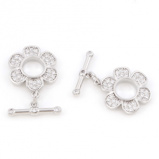Picture of Brass Toggle Clasps Flower Real Platinum Plated Micro Pave Clear Cubic Zirconia 18x15mm 16x5mm, 30 Sets                                                                                                                                                       