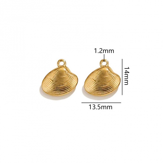 Immagine di 50 Pz Placcatura Sottovuoto 304 Acciaio Inossidabile Gioielli Oceanici Ciondoli Conchiglia Placcato Oro 18K 3D 14mm x 13.5mm