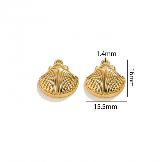 Immagine di 50 Pz Placcatura Sottovuoto 304 Acciaio Inossidabile Gioielli Oceanici Ciondoli Conchiglia Placcato Oro 18K 3D 16mm x 15.5mm