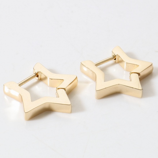 Picture of Eco-friendly Vacuum Plating Stylish Geometry Series 18K Real Gold Plated Brass Pentagram Star Hoop Earrings Unisex Party 19mm x 17mm, 30 PCs