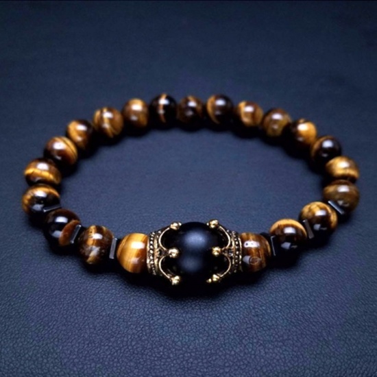 Immagine di Stainless Steel Natural Tiger's Eyes Dainty Bracelets Delicate Bracelets Beaded Bracelet Brown Gold Tone Antique Gold Round Crown 1 Piece