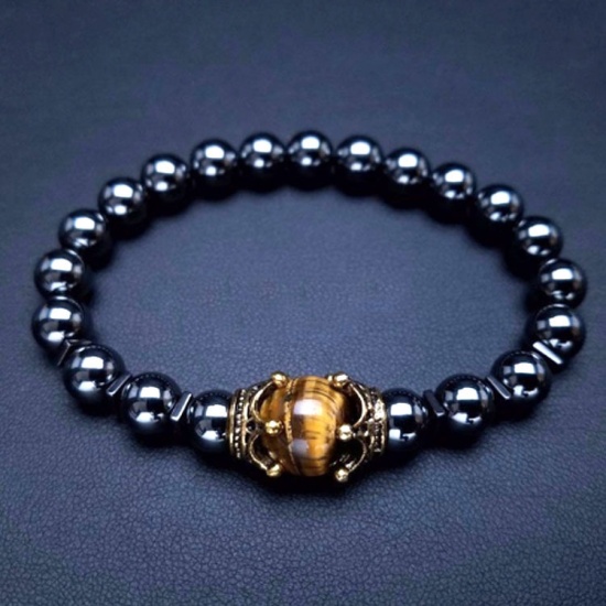 Immagine di Stainless Steel Natural Hematite Plating Dainty Bracelets Delicate Bracelets Beaded Bracelet Black Gold Tone Antique Gold Round Crown 1 Piece