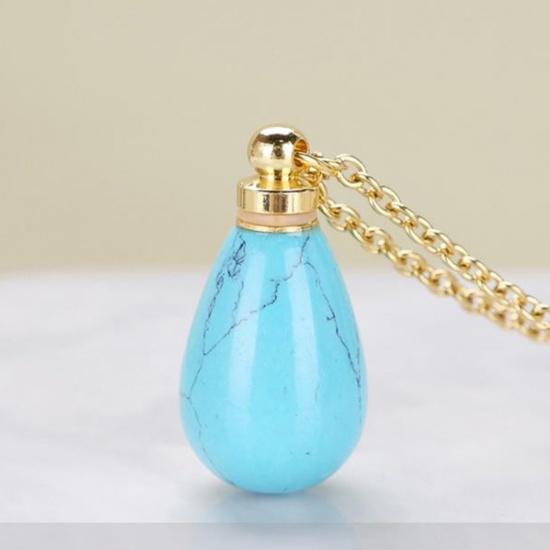 Immagine di (Grado B) Turchese Blu ( Sintetico ) Collana Oro Placcato Blu Goccia Bottiglia di Olio Essenziale 70cm Lunghezza, 1 Pz
