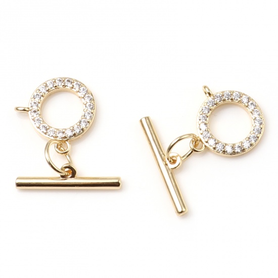 Picture of Copper Toggle Clasps Circle Ring 18K Gold Color Clear Rhinestone 17mm x 14mm, 1 Piece