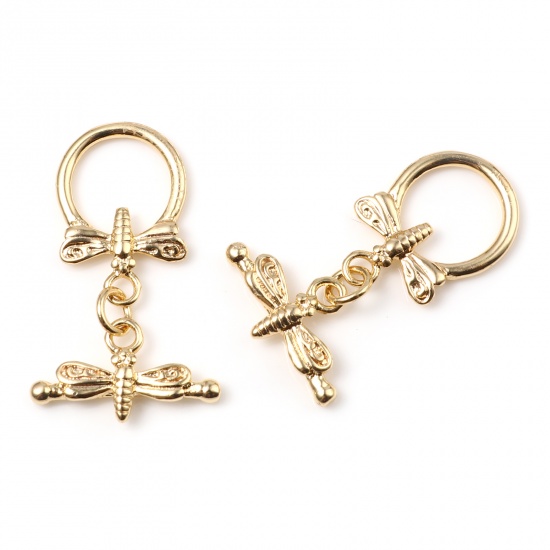 Picture of Brass Toggle Clasps Circle Ring Dragonfly 18K Gold Color 31mm x 18mm, 1 Piece                                                                                                                                                                                 