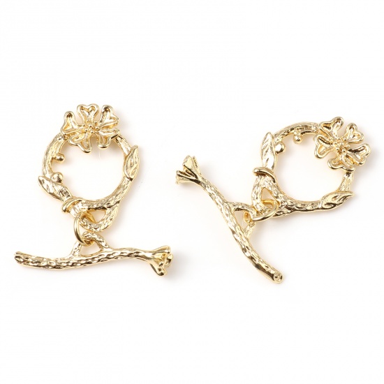 Picture of Brass Toggle Clasps Circle Ring Flower Leaves 18K Gold Plated 25mm x 21mm, 1 Piece