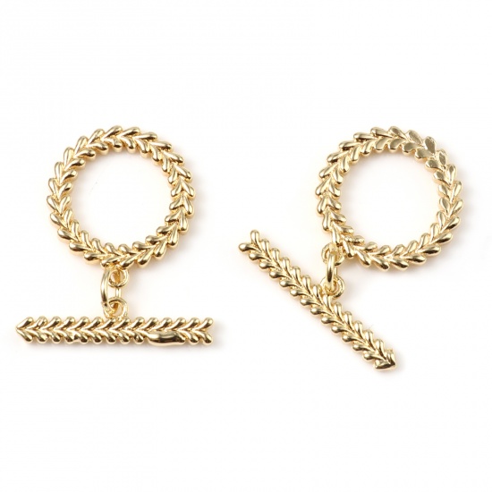 Picture of Brass Toggle Clasps Circle Ring Leaf 18K Gold Plated 25mm x 21mm, 1 Piece