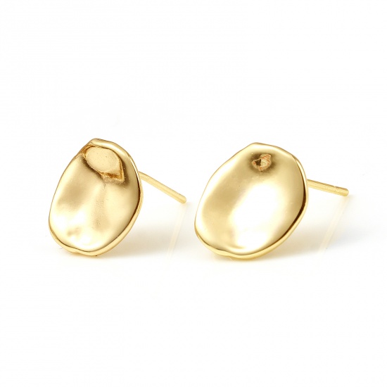 Imagen de Latón Pendientes 18K Oro Real Chapado Óvalo W/ Lazo 11mm x 10mm, Post/ Wire Size: (21 gauge), 2 Unidades
