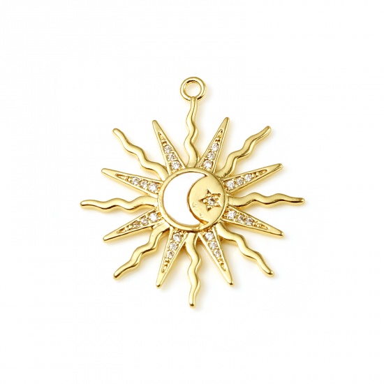 Picture of Brass Galaxy Charms Sun 18K Real Gold Plated Moon Micro Pave Clear Rhinestone 26mm x 24mm, 1 Piece                                                                                                                                                            