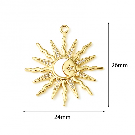 Picture of Brass Galaxy Charms Sun 18K Real Gold Plated Moon Micro Pave Clear Rhinestone 26mm x 24mm, 1 Piece                                                                                                                                                            