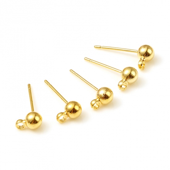 Picture of Brass Ear Post Stud Earrings 18K Real Gold Plated Ball W/ Loop 6mm x 4mm, Post/ Wire Size: (21 gauge), 10 PCs                                                                                                                                                 