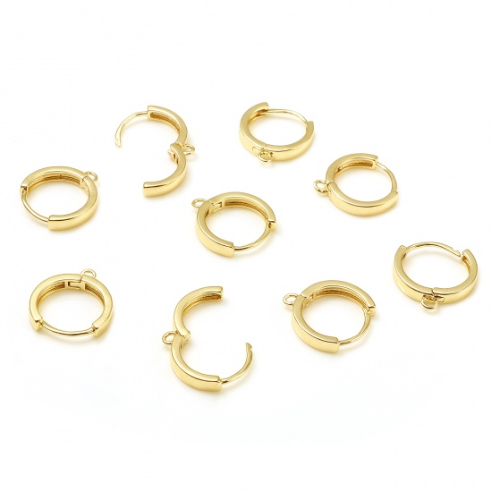 Picture of Brass Hoop Earrings 18K Real Gold Plated Circle Ring W/ Loop 17mm x 16mm, Post/ Wire Size: (17 gauge), 2 PCs                                                                                                                                                  