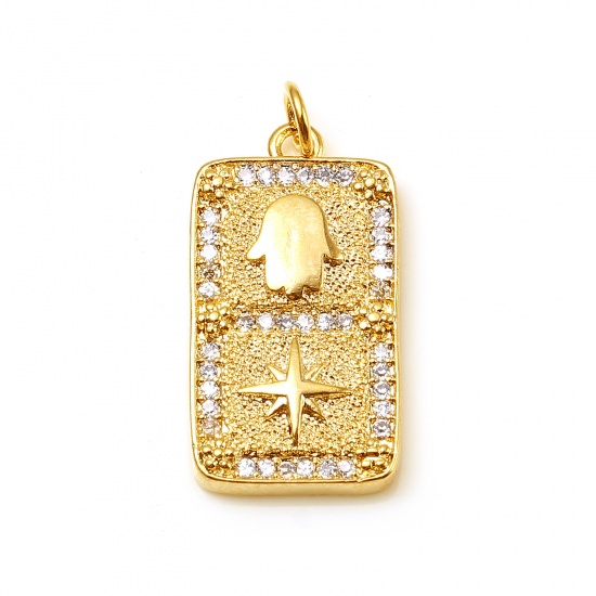 Imagen de Latón Religión Colgantes Charms Rectángulo 18K Oro Real Chapado Símbolo Mano Hamsa Micro Pave Transparente Rhinestone 28mm x 13mm, 1 Unidad