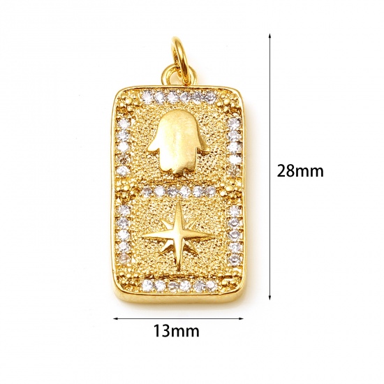 Imagen de Latón Religión Colgantes Charms Rectángulo 18K Oro Real Chapado Símbolo Mano Hamsa Micro Pave Transparente Rhinestone 28mm x 13mm, 1 Unidad
