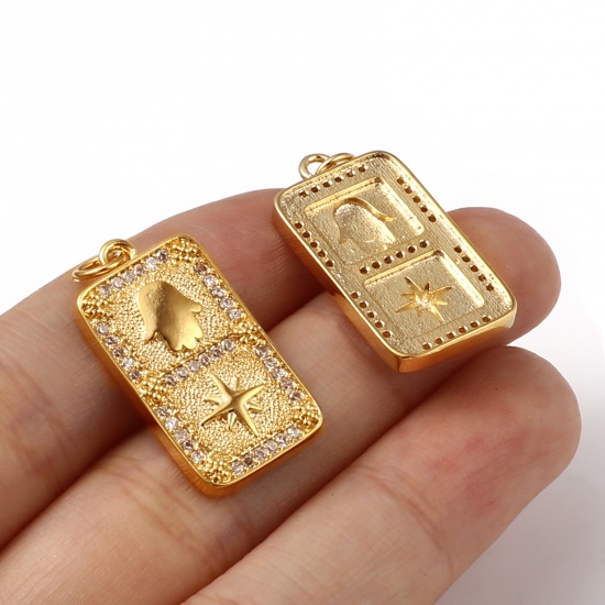 Imagen de Latón Religión Colgantes Charms Rectángulo 18K Oro Real Chapado Símbolo Mano Hamsa Micro Pave Transparente Rhinestone 28mm x 13mm, 1 Unidad