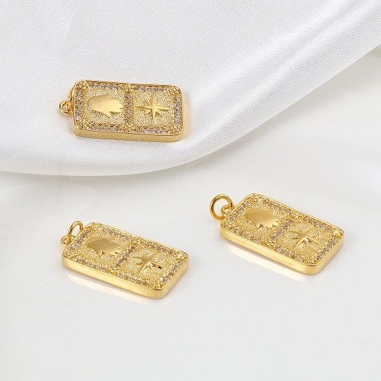 Imagen de Latón Religión Colgantes Charms Rectángulo 18K Oro Real Chapado Símbolo Mano Hamsa Micro Pave Transparente Rhinestone 28mm x 13mm, 1 Unidad