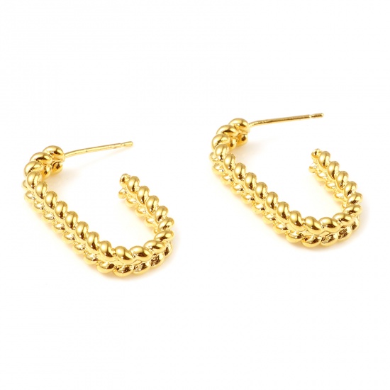 Picture of Brass Hoop Earrings 18K Real Gold Plated C Shape 25mm x 5mm, Post/ Wire Size: (21 gauge), 2 PCs