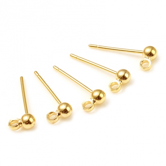 Picture of Brass Ear Post Stud Earrings 18K Real Gold Plated Ball W/ Loop 5mm x 3mm, Post/ Wire Size: (21 gauge), 10 PCs                                                                                                                                                 