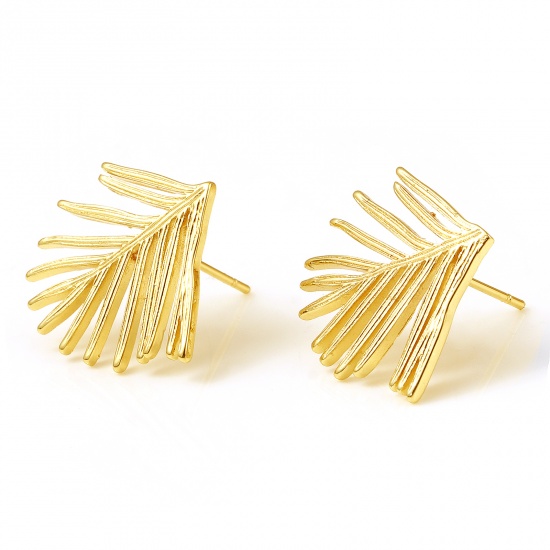 Picture of Brass Ear Post Stud Earrings 18K Real Gold Plated Leaf W/ Loop 20mm x 19mm, Post/ Wire Size: (21 gauge), 2 PCs                                                                                                                                                