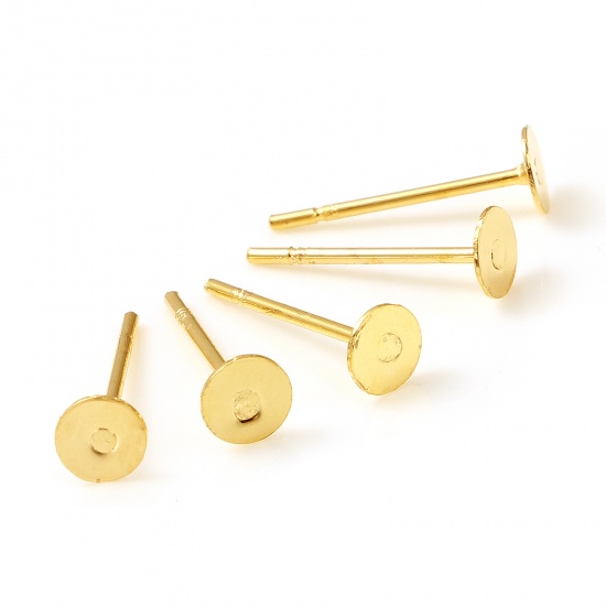 Picture of Brass Ear Post Stud Earrings 18K Real Gold Plated Round Glue On (Fits 4mm Dia.) 4mm Dia., Post/ Wire Size: (21 gauge), 20 PCs                                                                                                                                 