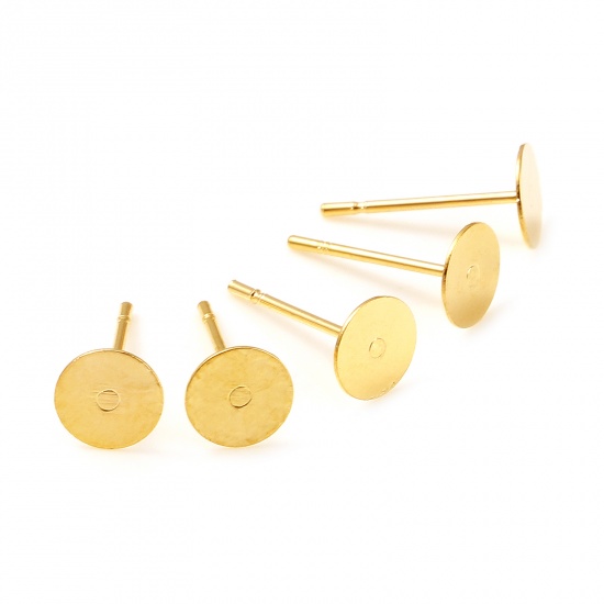 Picture of Brass Ear Post Stud Earrings 18K Real Gold Plated Round Glue On (Fits 4mm Dia.) 6mm Dia., Post/ Wire Size: (21 gauge), 20 PCs                                                                                                                                 