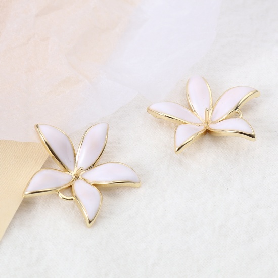Picture of 2 PCs Brass Pearl Pendant Connector Bail Pin Cap 18K Real Gold Plated White Flower Enamel 24mm x 23mm, Needle Thickness: 0.9mm