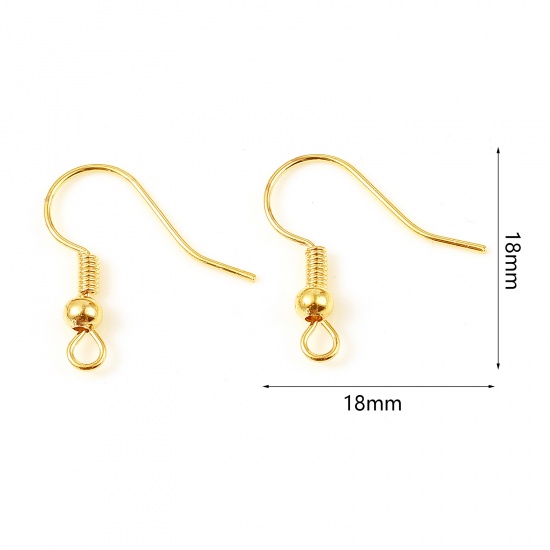 Picture of Brass Ear Wire Hooks Earring 18K Real Gold Plated W/ Loop 18mm x 18mm, Post/ Wire Size: (21 gauge), 20 PCs                                                                                                                                                    