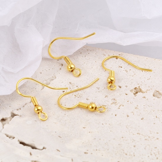Picture of Brass Ear Wire Hooks Earring 18K Real Gold Plated W/ Loop 18mm x 18mm, Post/ Wire Size: (21 gauge), 20 PCs                                                                                                                                                    