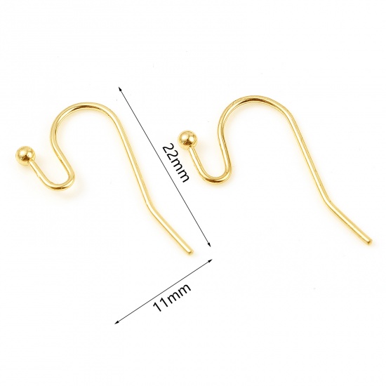 Picture of Brass Ear Wire Hooks Earring 18K Real Gold Plated 22mm x 11mm, Post/ Wire Size: (20 gauge), 20 PCs                                                                                                                                                            