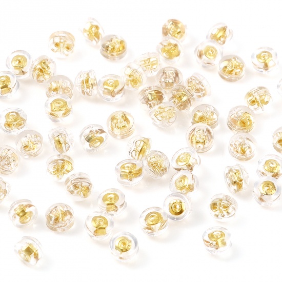Picture of Brass & Silicone Ear Nuts Post Stopper Earring Findings 18K Real Gold Plated Round 5mm Dia., 20 PCs                                                                                                                                                           