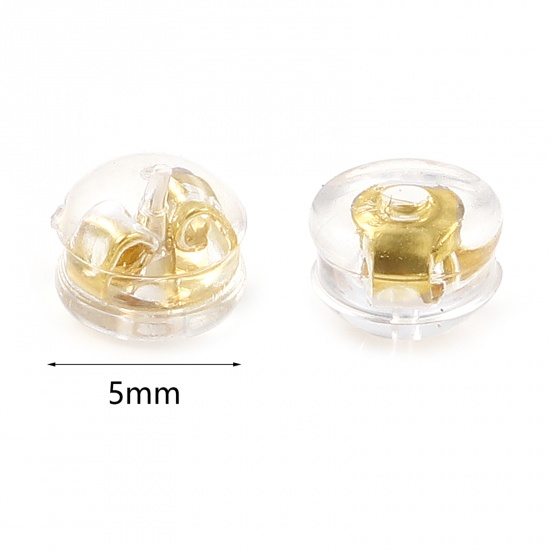 Picture of Brass & Silicone Ear Nuts Post Stopper Earring Findings 18K Real Gold Plated Round 5mm Dia., 20 PCs                                                                                                                                                           