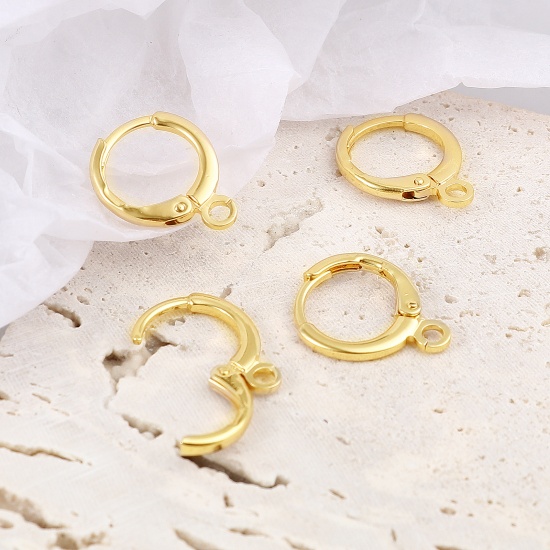 Picture of Brass Hoop Earrings 18K Real Gold Plated Circle Ring W/ Loop 15mm x 12mm, Post/ Wire Size: (18 gauge), 6 PCs                                                                                                                                                  