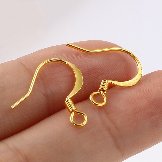 Picture of Brass Ear Wire Hooks Earring 18K Real Gold Plated Plating 16mm x 16mm, Post/ Wire Size: (21 gauge), 20 PCs                                                                                                                                                    
