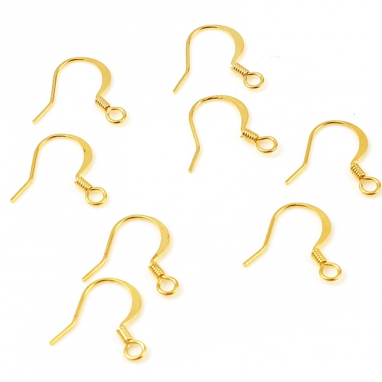 Picture of Brass Ear Wire Hooks Earring 18K Real Gold Plated Plating 16mm x 16mm, Post/ Wire Size: (21 gauge), 20 PCs                                                                                                                                                    