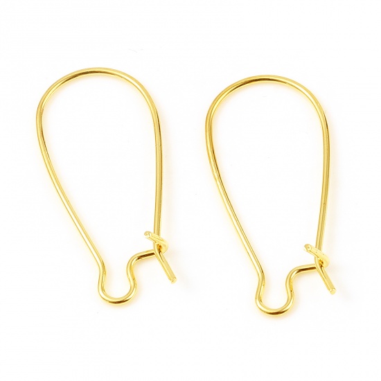 Picture of Brass Hoop Earrings 18K Real Gold Plated U-shaped W/ Loop 25mm x 11mm, Post/ Wire Size: (21 gauge), 10 PCs                                                                                                                                                    