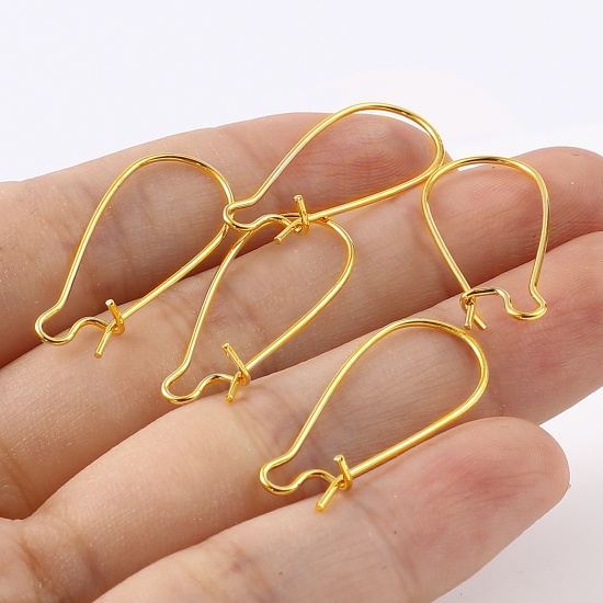 Picture of Brass Hoop Earrings 18K Real Gold Plated U-shaped W/ Loop 25mm x 11mm, Post/ Wire Size: (21 gauge), 10 PCs                                                                                                                                                    
