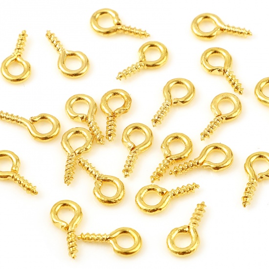 Picture of Brass Screw Eyes Bails Top Drilled Findings 18K Real Gold Plated Plating Needle Thickness: 1.2mm, 8mm x 4mm, 10 PCs                                                                                                                                           